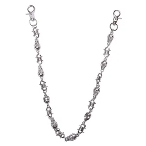 Silver punk pants chain featuring double-sided skulls and barbed wire link design