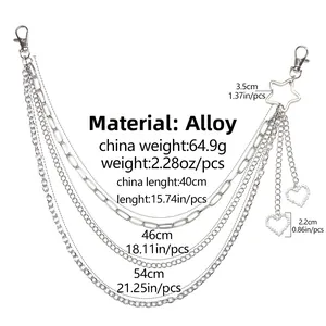 Vue détaillée de chaînes de pantalon multicouches en alliage avec pendentifs étoile et cœur