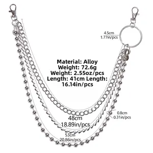 Detailed view of triple-layer alloy pants chain with lobster clasps and metal ring