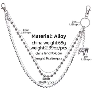 Detailed multi-layer silver alloy trousers chain with ball chain and horse pendant