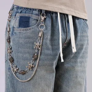 Punk Gothic Alloy Skull Crossbones Double Layer Metal Trouser Chain For Jeans Hip Hop Retro Silver Waist Chain Wallet Chain