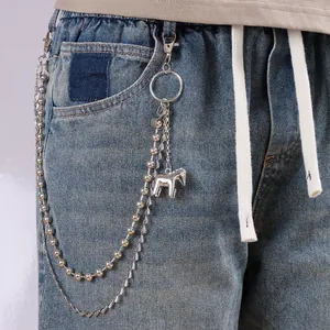 Vintage Punk Silver Multi-Layer Metal Pant Chain With Horse Heart Pendant Hip Hop Streetwear Jean Waist Chain For Men Women