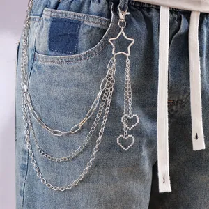 Chaîne de Pantalon en Métal Multicouche Alliage Strass Étoile Cœur Pendentif Chaîne de Taille Hip Hop Streetwear Accessoires Jeans pour Hommes Femmes
