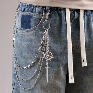 Multi-layer silver metal pants chain with rudder and sword pendants on denim pants