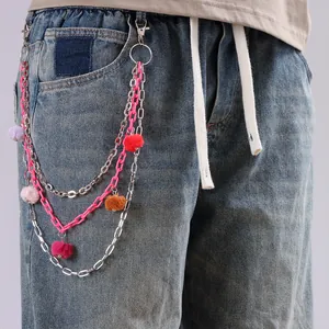Chaîne de Pantalon Multicouche Métal Argent et Acrylique Rose Avec Pompons Colorés Femme Accessoire Jean Hip Hop Streetwear Y2K