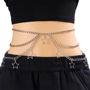 Detail of layered silver star waist chain with hollow pendants on black outfit