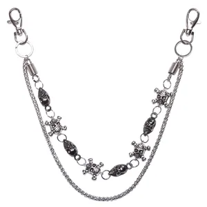 Punk style double layer silver skull trousers chain with lobster clasps on white background