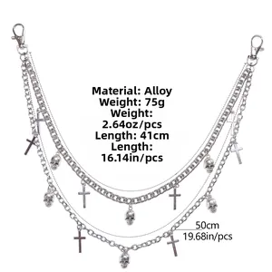 Detail view of hip hop trousers chain with skull and cross charms showing exact dimensions