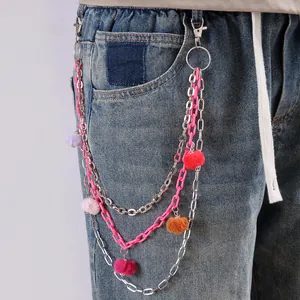 Chaîne de taille multicouche hip-hop en métal avec pompons colorés pour jeans