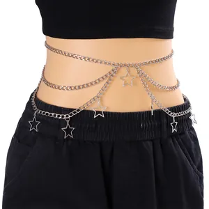 Three-layer silver metal waist chain with hollow star pendants in punk Y2K hip hop style