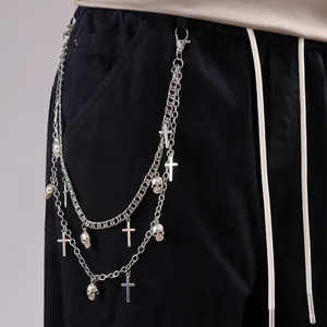 Hip Hop Punk Alloy Metal Double Layer Pant Chain With Skull And Cross Pendants For Jean Trouser Decor Men Women Jewelry