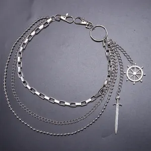 Multi-layer silver hip-hop pants chain with helm and sword pendants for punk style