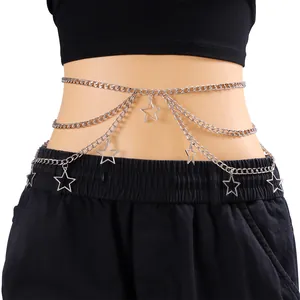 Women's Y2K Punk Multi-Layer Metal Waist Chain Hollow Pentagram Star Pendant Belt Hip Hop Belly Body Chain Jewelry Silver Tone