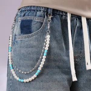 Chaîne de Pantalon Multicouche Künstliche Perles d'imitation Turquoise Hip Hop Streetwear Alliage Argenté Accessoire Jean Femme Homme