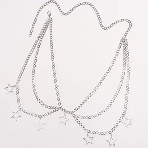 Hip-hop layered silver metal body chain with hollow star pendants and lobster clasp