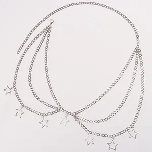 Detail view of triple-layered silver waist chain featuring hollow star-shaped pendants