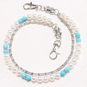 Chaîne de taille hip-hop double rangée avec perles turquoise et breloques en métal barbelé