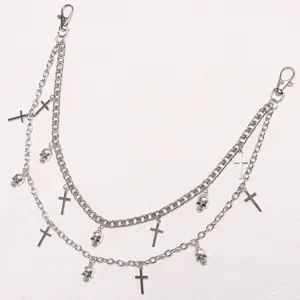 Double-layered silver metal wallet chain with skull and cross charms for hip hop jeans