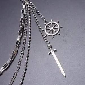 Multi-layer hip-hop silver pants chain with ship wheel and sword pendants