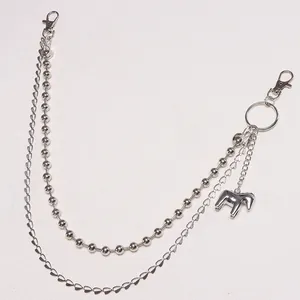 Three-layer silver metal pants chain with heart links, bead chain, and pony pendant