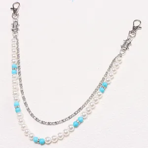 Chaîne de taille argentée avec perles turquoise et fausses perles pour pantalons