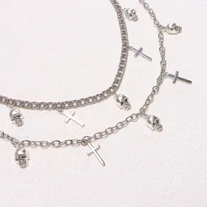 Hip hop punk style double layer metal pants chain with skull and cross charms for jeans