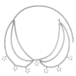 Silver multilayer waist chain featuring hollow star pendants and adjustable metal links