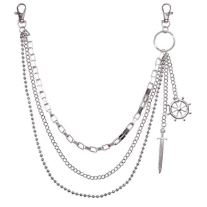 Multi-layer silver hip hop wallet chain with nautical helm and sword pendants
