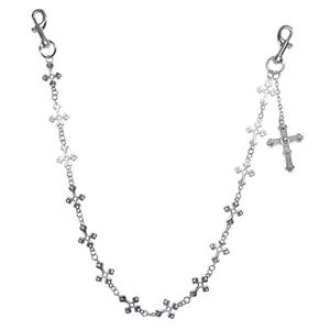 Chaîne de pantalon gothique à croix argentée avec pendentif crâne pour style punk hip hop