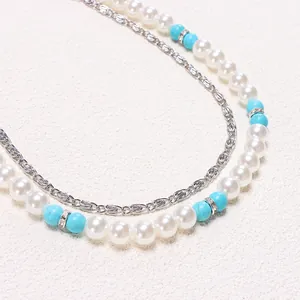 Chaîne de taille à deux rangs avec perles turquoise, perles et maillons argentés