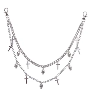 Double-layered silver pant chain with gothic skull and cross pendants and lobster clasps