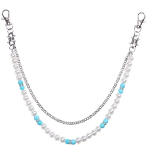 Chaîne de pantalon double en métal argenté avec perles blanches et perles turquoise
