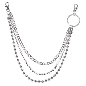 Retro double-layered silver metal pant chain with round beads and O-ring lobster clasp