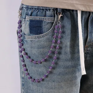 Cadena de cintura punk con bolas de cristal moradas y cierres plateados para jeans