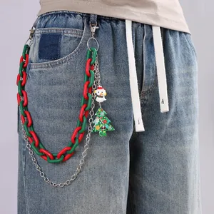 Christmas layered pants chain with red green acrylic rings and snowman tree charms