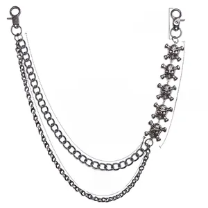 Close-up of triple-layered gothic skull trousers chain with alloy metal links and lobster clasps