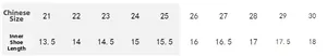 Kids sports shoes size guide showing Chinese sizes 21-30 with internal foot length chart