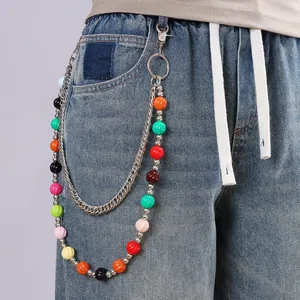 Double-layered hip-hop pants chain with colorful striped beads and silver metal links