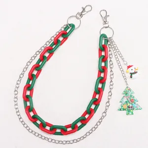 Christmas-themed red and green matte acrylic layered chain with snowman and tree charms