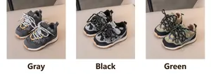 Division en trois vues montrant des baskets enfant en cuir en gris, noir et vert