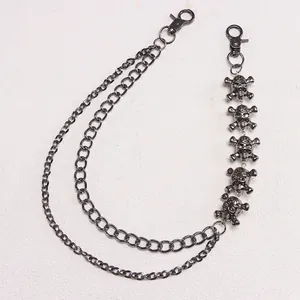 Gothic multi-layer gunmetal pant chain with skull charms and dual lobster clasps