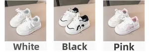 Detaillierter Vergleich von weißen, schwarzen und rosa Kinderschuhen mit Wellenlinien