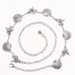 Detail of silver shell and starfish metal waist chain with lobster clasp on white background