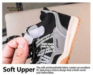 Détail du velcro sur baskets enfant en cuir montrant la facilité d'enfilage et la douceur