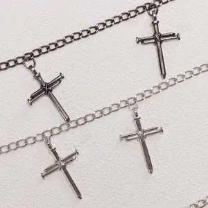 Gothic multilayer punk trousers chain with cross nail pendants in silver and charcoal