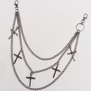 Multi-layer metal pant chain with punk cross nail pendants and lobster clasps