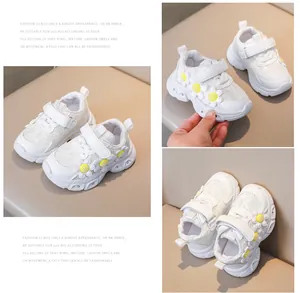 Detail of girls' floral LED sneakers with lace mesh fabric and hook-and-loop closure