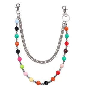 Double-layer colorful acrylic beads and silver metal curb chain with lobster clasps