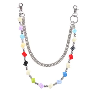 Double-layered colorful block trouser chain with silver metal links and lobster clasps