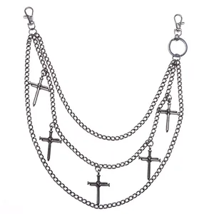 Three-layer gunmetal silver hip-hop pant chain with five cross nail pendants for jeans